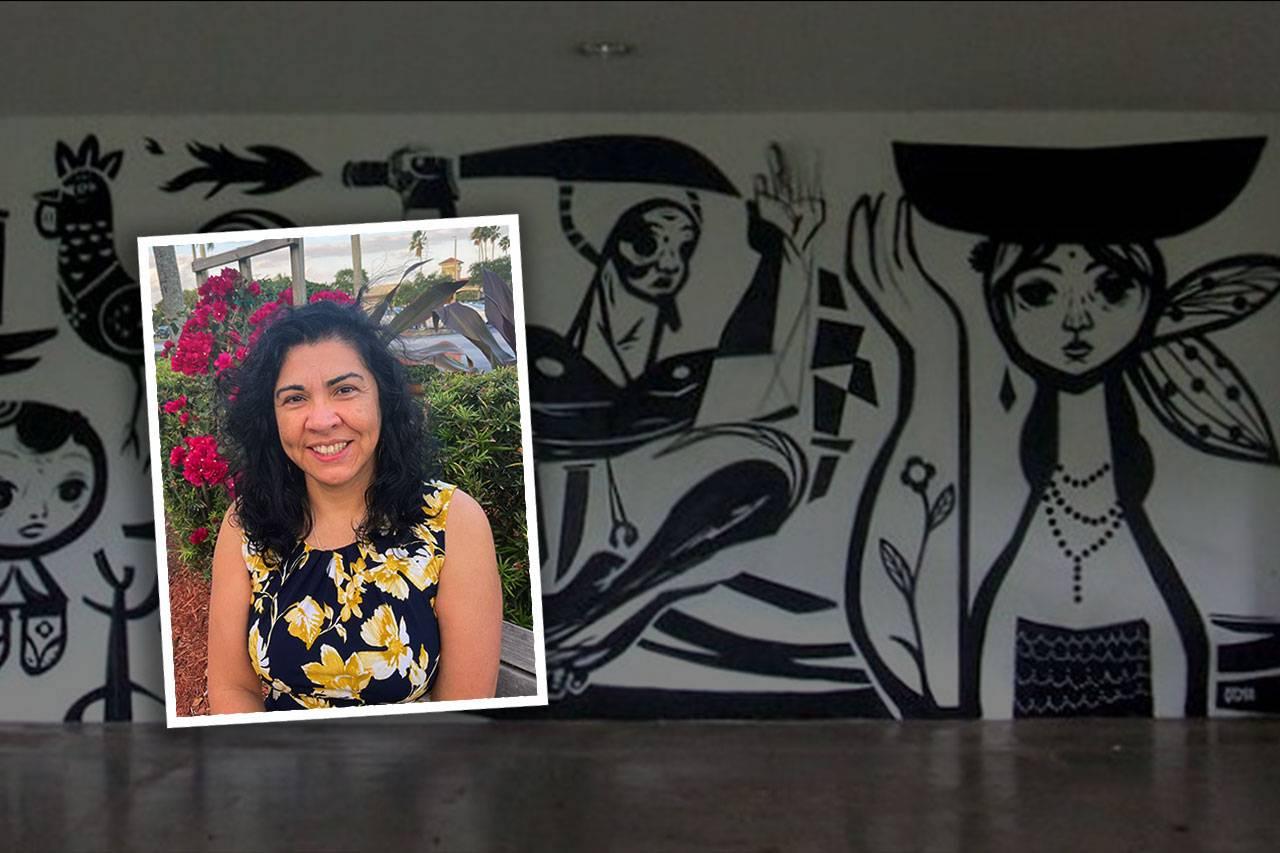 背景图片：Grafite, 保罗Speto, 巴西非洲博物馆, São Paulo; Image right: Alejandra Aguilar Dornelles, Ph.D.